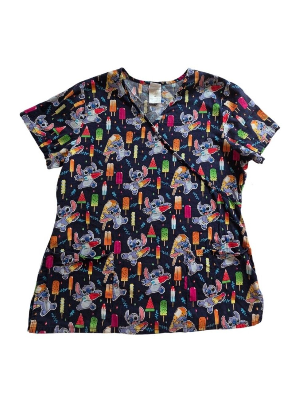 Disney Stitch Popsicle Print Medical Scrub Top Women M